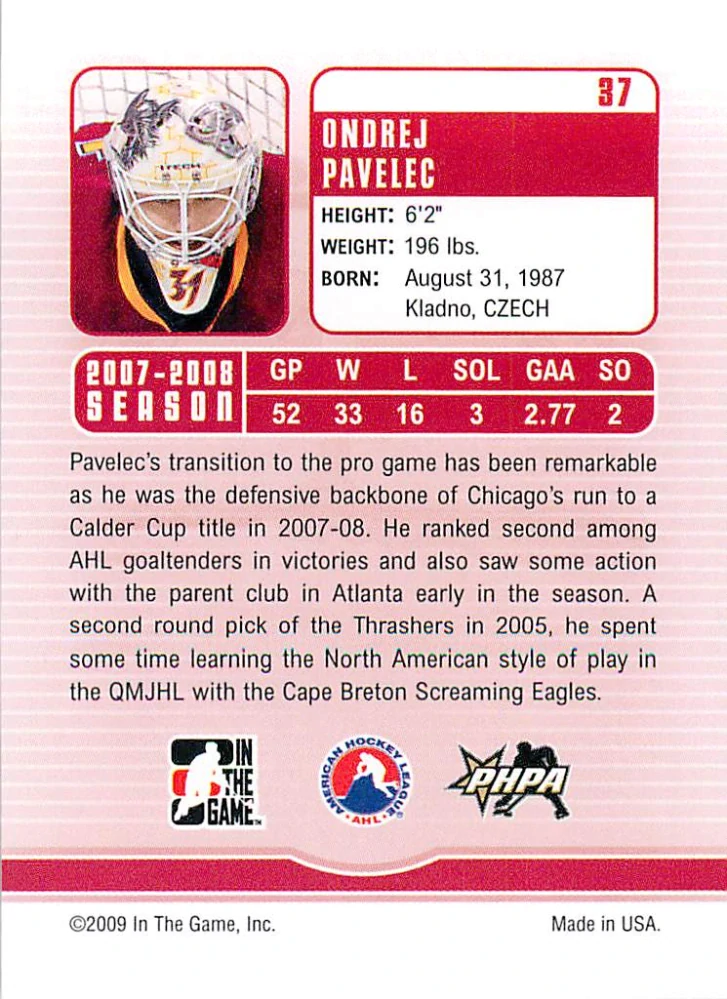 2008-09 ITG Between the Pipes - Ondřej Pavelec - Future Stars #37