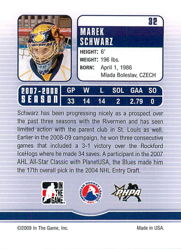2008-09 ITG Between the Pipes - Marek Schwarz - Future Stars #32