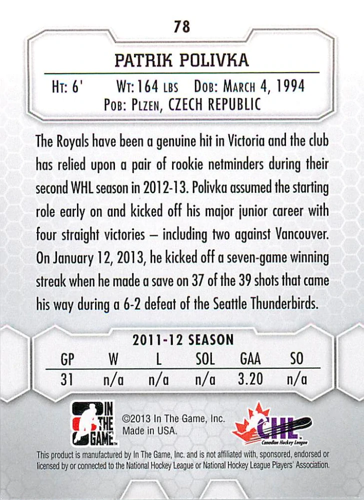 2012-13 ITG Between the Pipes - Patrik Polívka - CHL Prospects #78