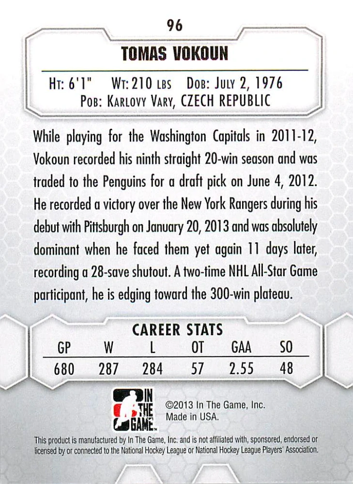 2012-13 ITG Between the Pipes - Tomáš Vokoun - Stars Of The Game #96