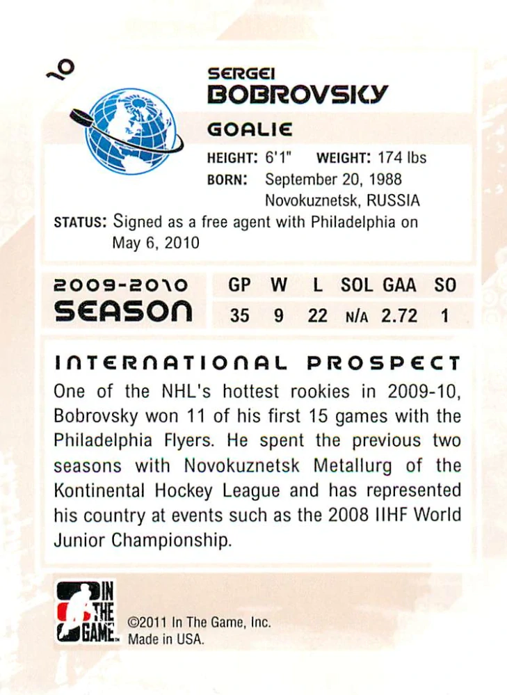 2010-11 ITG Heroes and Prospects - Sergei Bobrovsky #10