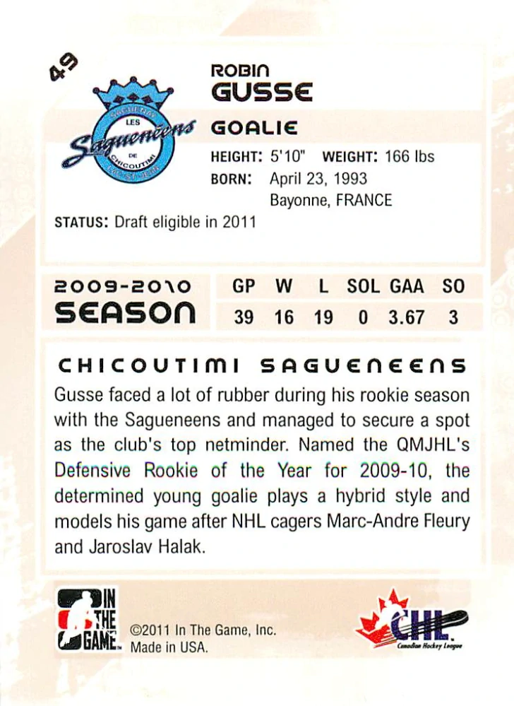 2010-11 ITG Heroes and Prospects - Robin Gusse #49