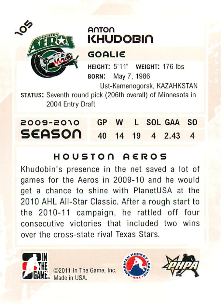 2010-11 ITG Heroes and Prospects - Anton Khudobin #105