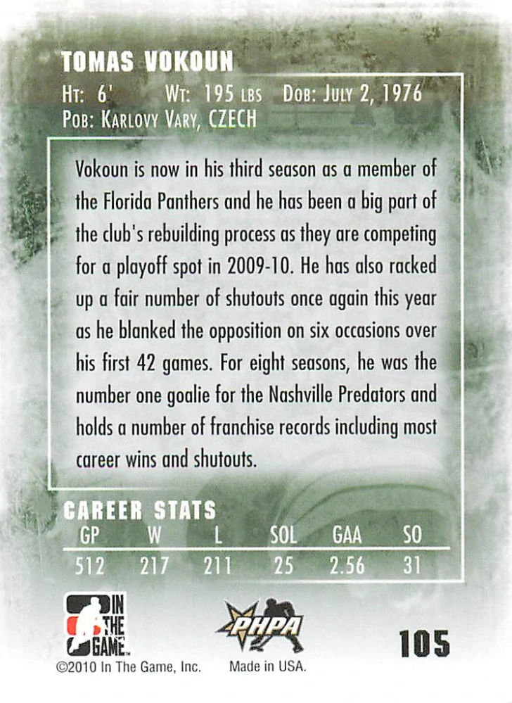 2009-10 ITG Between the Pipes - Tomáš Vokoun - Stars of The Game #105