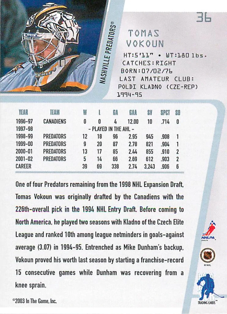2002-03 ITG BaP Between The Pipes - Tomáš Vokoun #36