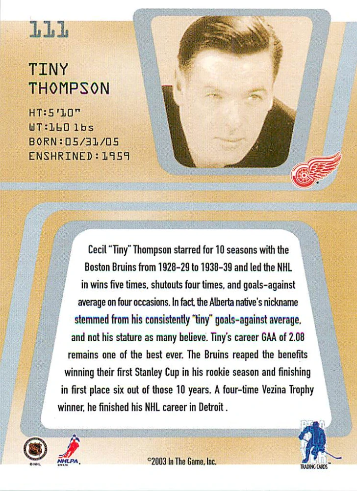 2002-03 ITG BaP Between The Pipes - Tiny Thompson #111