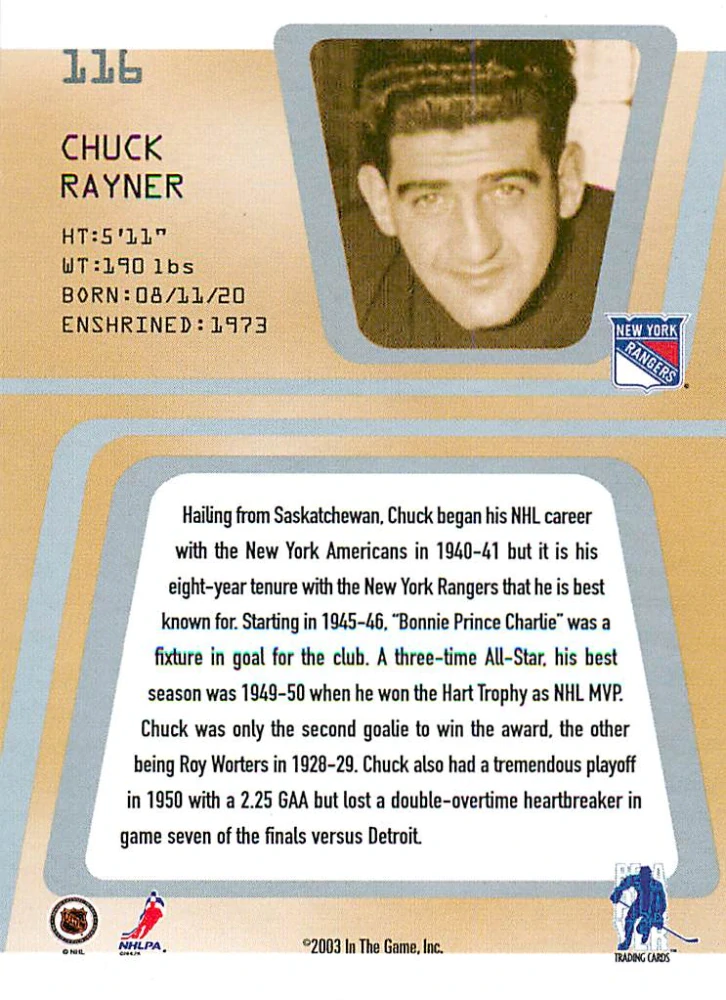 2002-03 ITG BaP Between The Pipes - Chuck Rayner #116