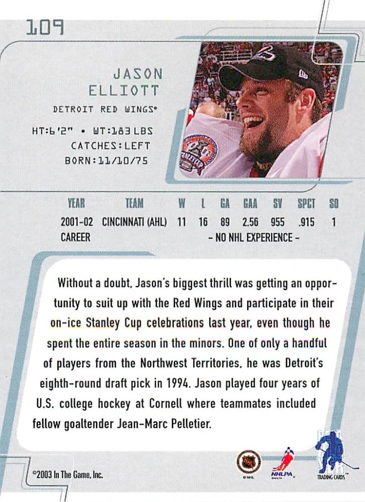 2002-03 ITG BaP Between The Pipes - Jason Elliot #109