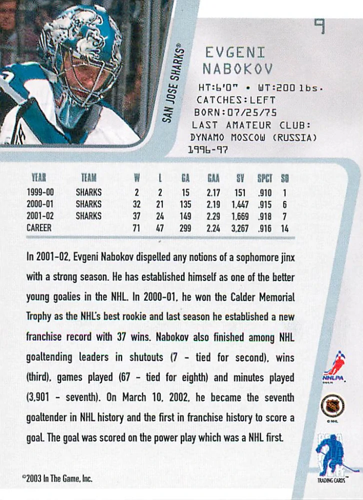2002-03 ITG BaP Between The Pipes - Evgeni Nabokov #9