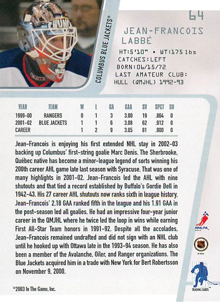 2002-03 ITG BaP Between The Pipes - J-F Labbe #64
