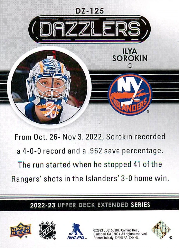 2022-23 UD Extended Series - Ilya Sorokin - Dazzlers Green #DZ-125