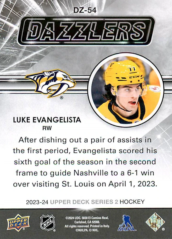2023-24 UD Series 2 - Luke Evangelista - Dazzlers Blue #DZ-54