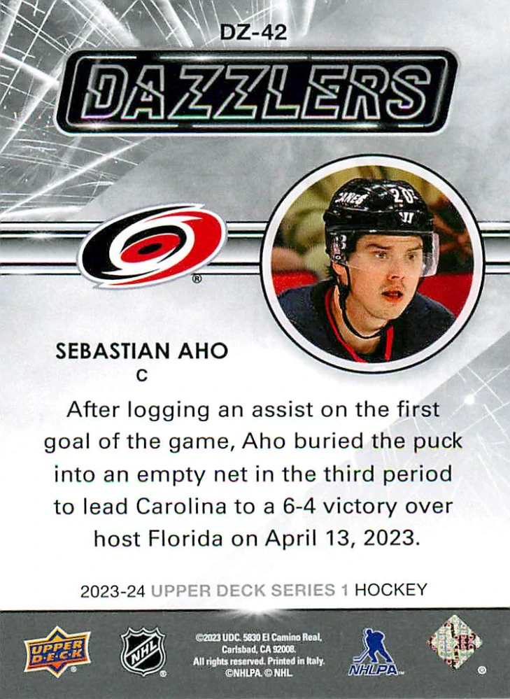 2023-24 UD Series 1 - Sebastian Aho - Dazzlers Blue #DZ-42