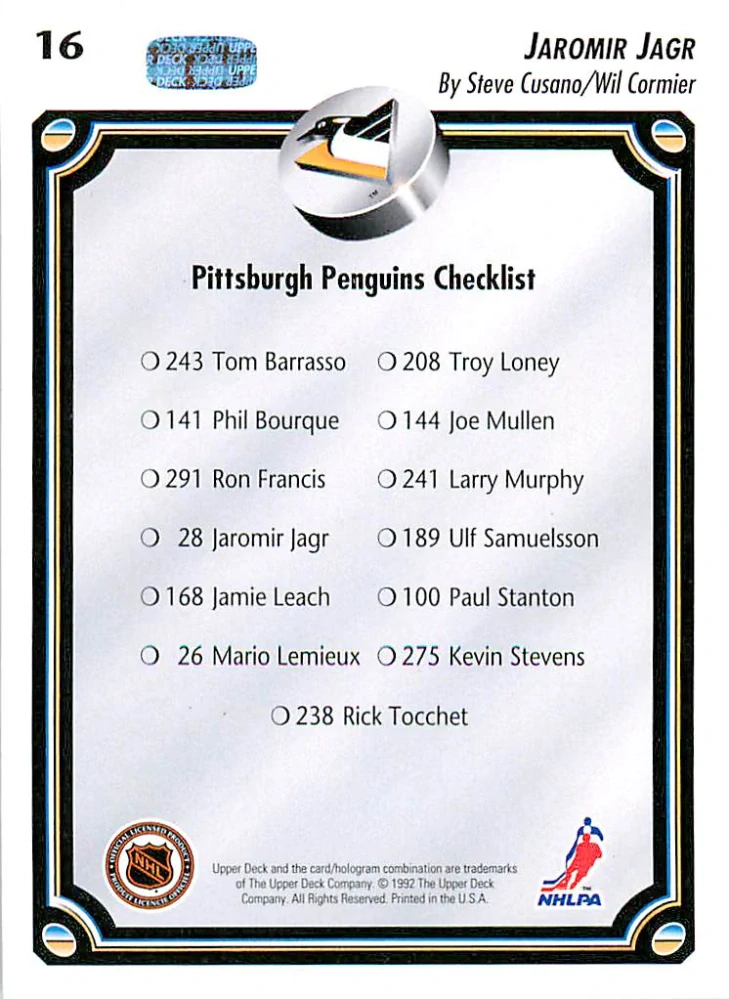 1992-93 UD Series - Jaromír Jágr - Pittsburgh Penguins Checklist #16