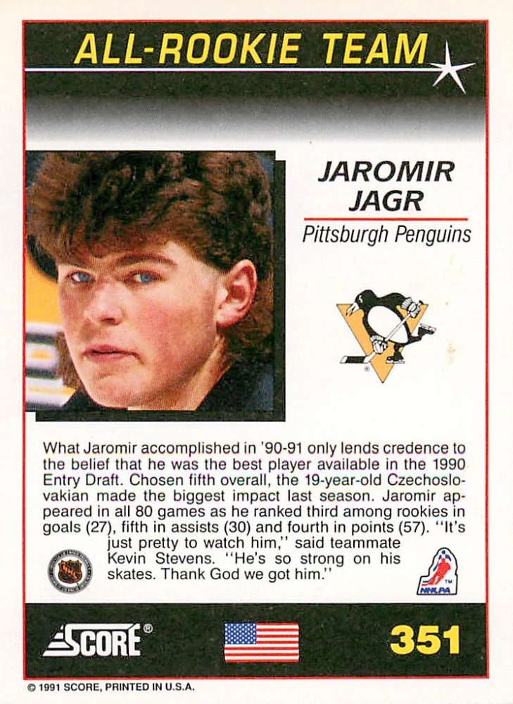 1991-92 Score - Jaromír Jágr - All-Rookie Team #351