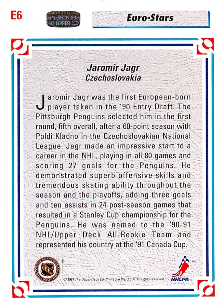 1991-92 UD Series - Jaromír Jágr - Euro Stars #E6