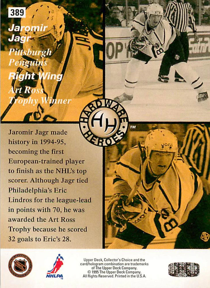1995-96 UD Collectors Choice - Jaromír Jágr - Hardware Heroes - Art Ross Trophy Winner #389