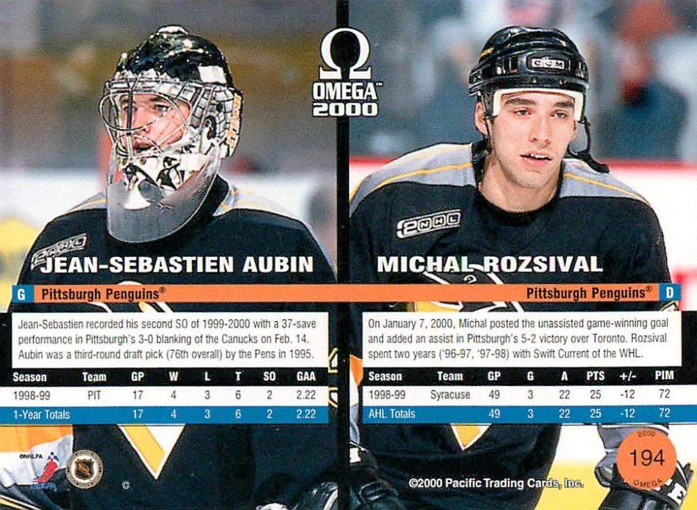 1999-00 Pacific Omega - Jean-Sebastien Aubin, Michal Rozsíval #194 - Rookies