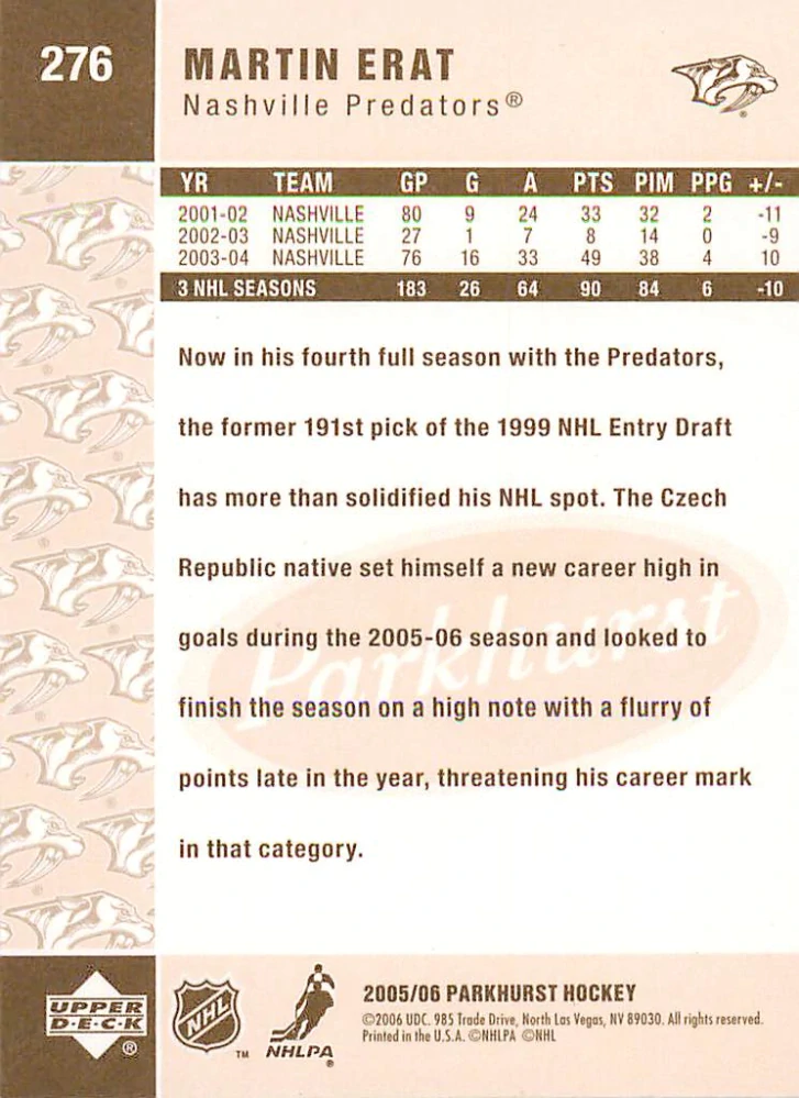 2005-06 UD Parkhurst - Martin Erat #276