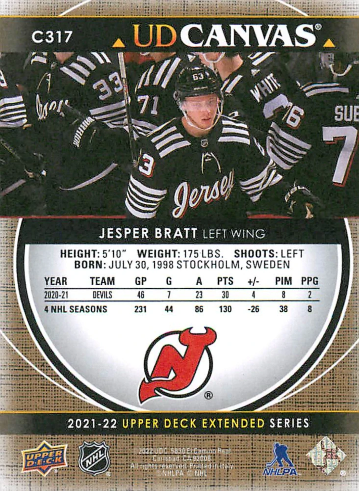 2021-22 UD Extended Series - Jesper Bratt - Canvas #C317