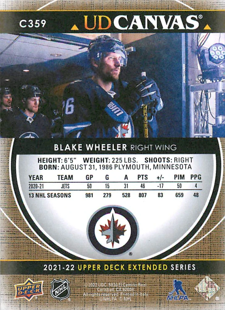 2021-22 UD Extended Series - Blake Wheeler - Canvas #C359