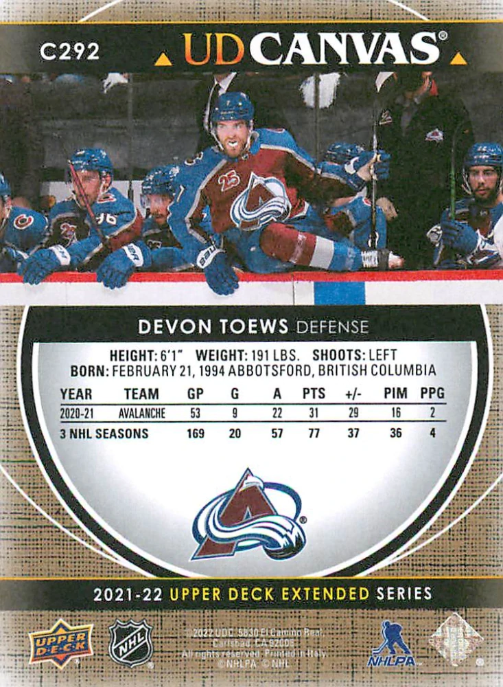 2021-22 UD Extended Series - Devon Toews - Canvas #C292