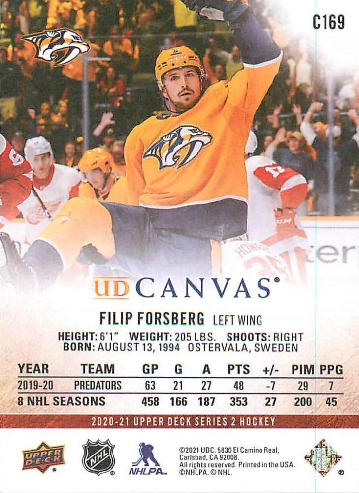 2020-21 UD Series 2 - Filip Forsberg - Canvas #C169