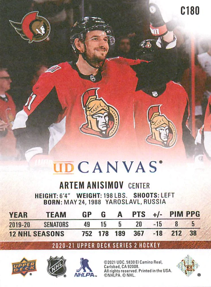 2020-21 UD Series 2 - Artem Anisimov - Canvas #C180