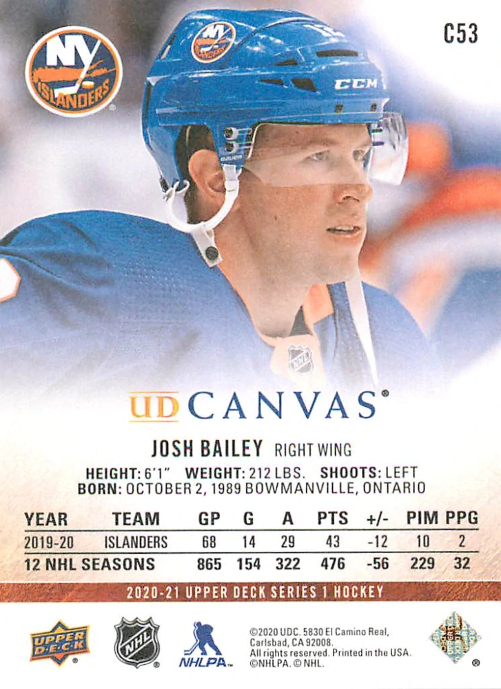 2020-21 UD Series 1 - Josh Bailey - Canvas #C53