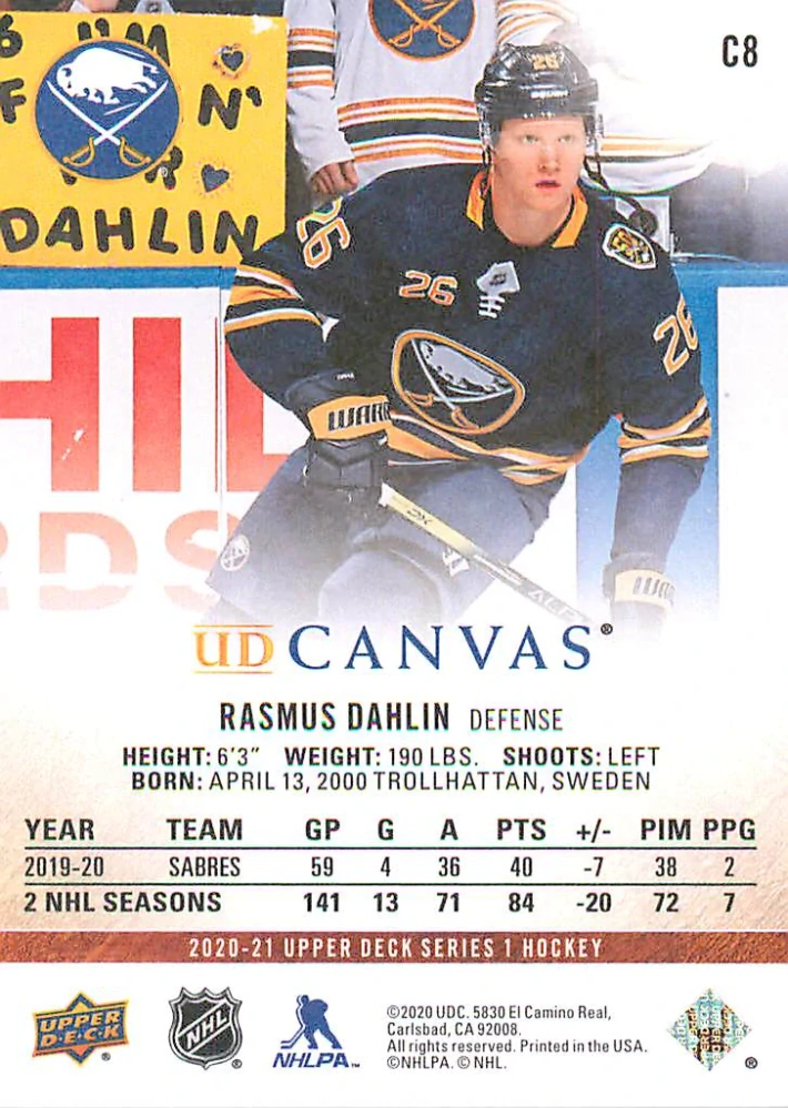 2020-21 UD Series 1 - Rasmus Dahlin - Canvas #C8