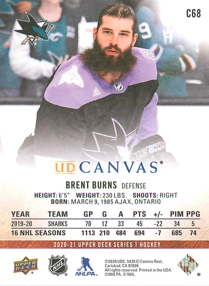 2020-21 UD Series 1 - Brent Burns - Canvas #C68