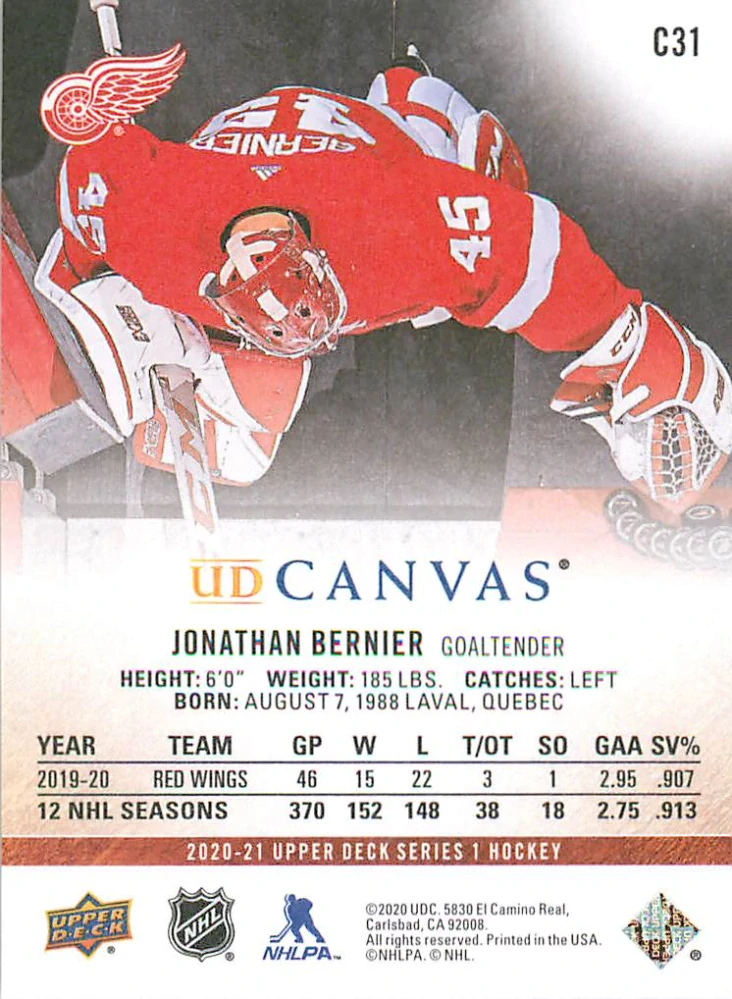 2020-21 UD Series 1 - Jonathan Bernier - Canvas #C31