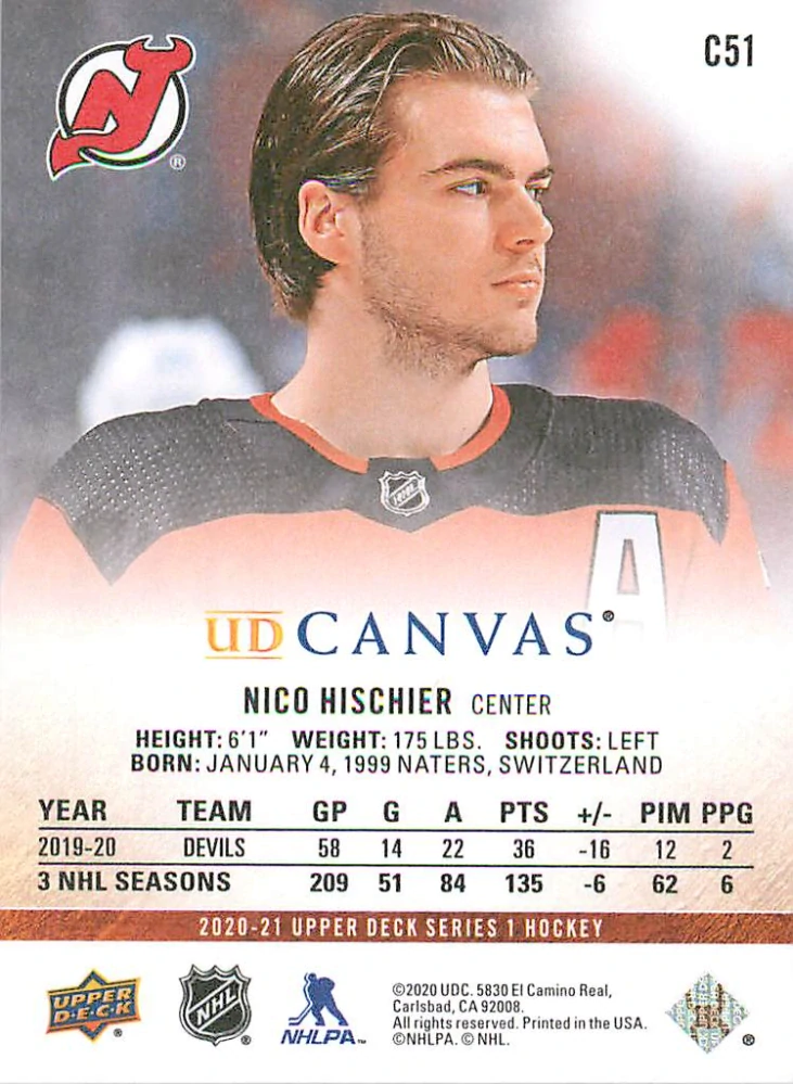 2020-21 UD Series 1 - Nico Hischier - Canvas #C51