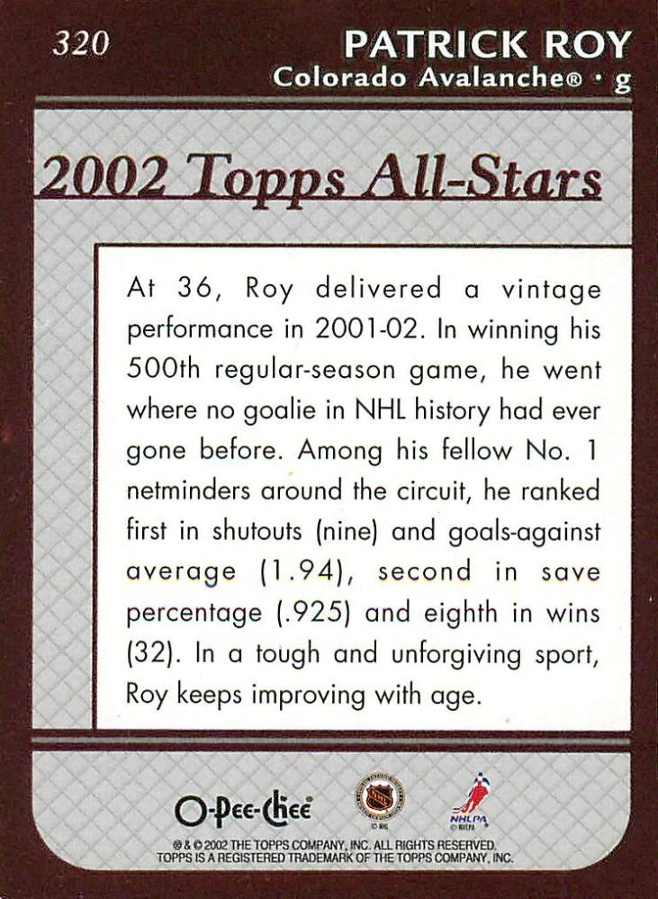 2002-03 O-Pee-Chee - Patrick Roy - 2002 Topps All-Stars #320