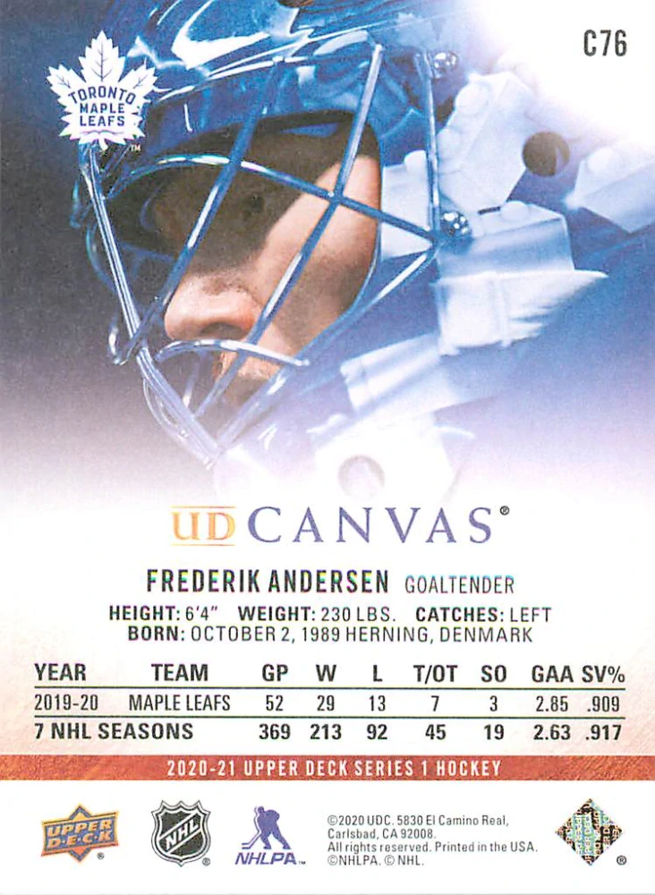 2020-21 UD Series 1 - Frederik Andersen - Canvas #C76