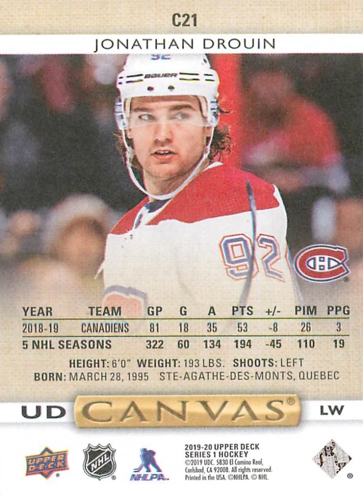 2019-20 UD Series 1 - Jonathan Drouin - Canvas #C21