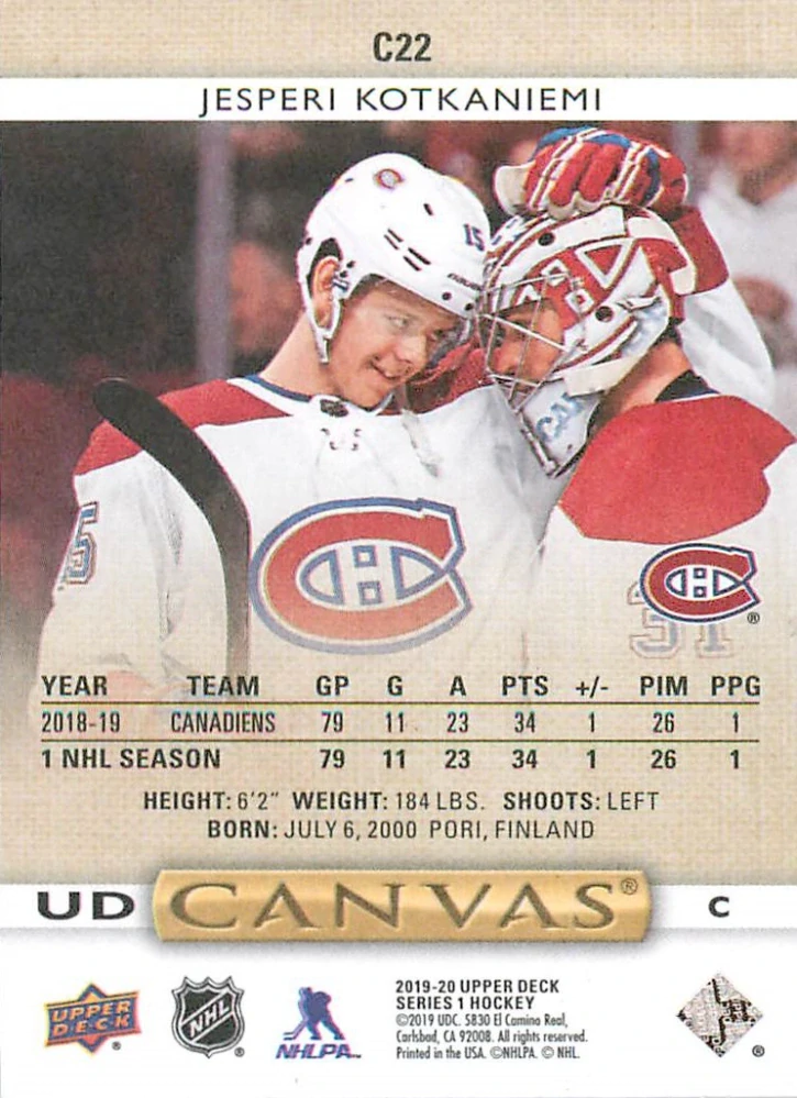2019-20 UD Series 1 - Jesperi Kotkaniemi - Canvas #C22