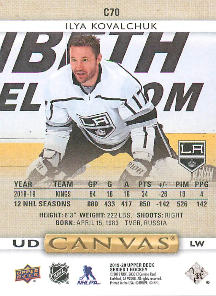 2019-20 UD Series 1 - Ilya Kovalchuk - Canvas #C70