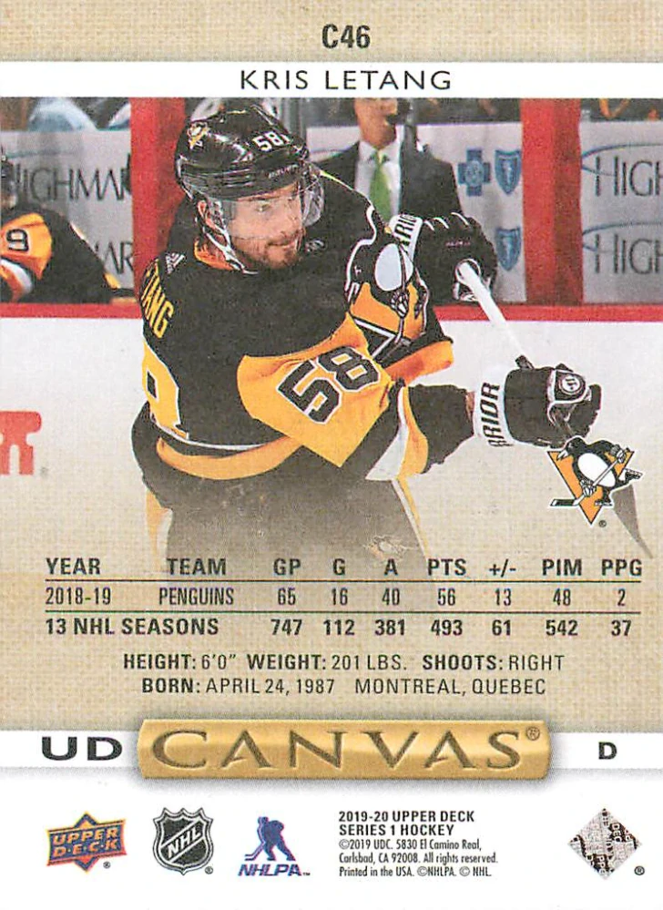 2019-20 UD Series 1 - Kris Letang - Canvas #C46