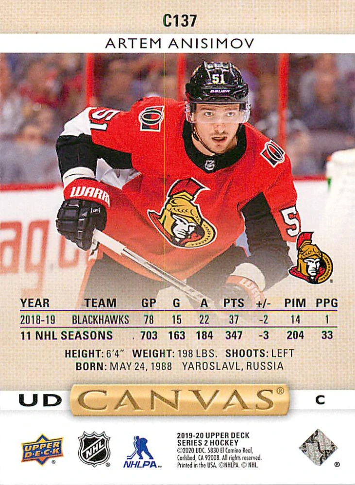 2019-20 UD Series 2 - Artem Anisimov - Canvas #C137