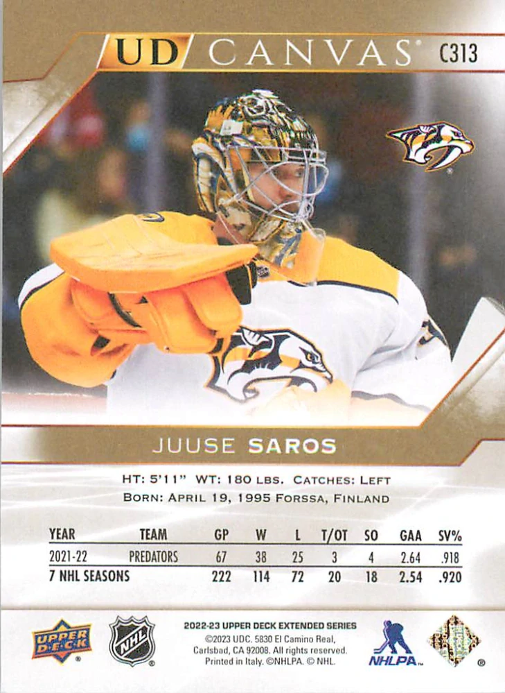 2022-23 UD Extended Series - Juuse Saros - Canvas #C313