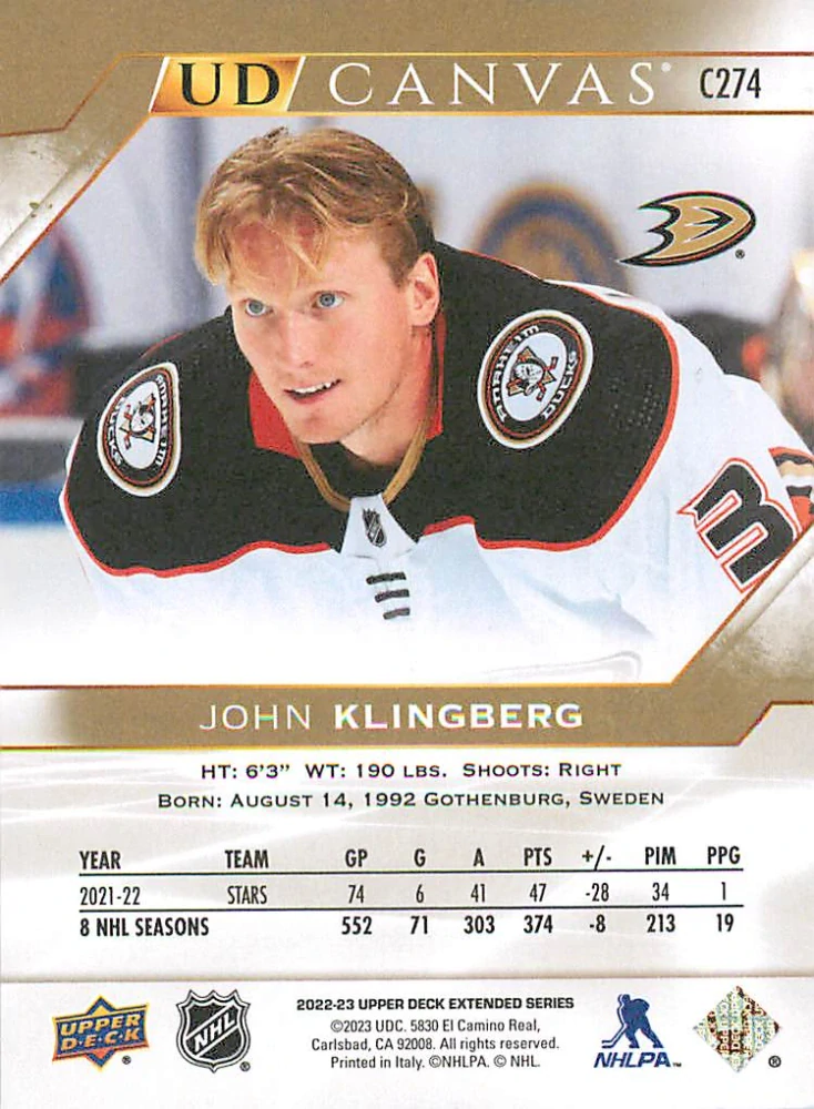 2022-23 UD Extended Series - John Klingberg - Canvas #C274