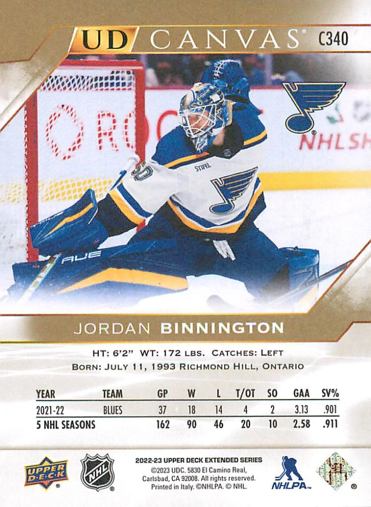 2022-23 UD Extended Series - Jordan Binnington - Canvas #C340