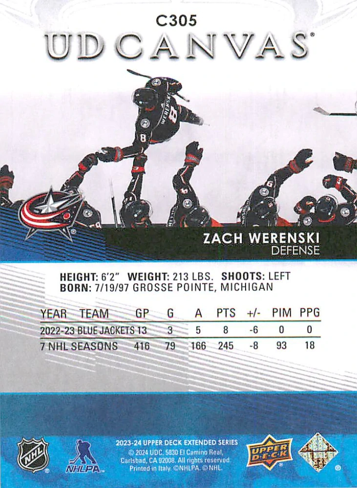 2023-24 UD Extended Series - Zach Werenski - Canvas #C305