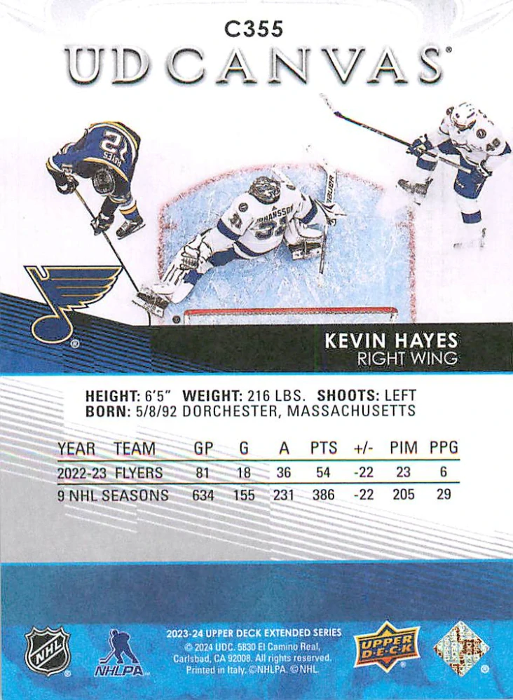 2023-24 UD Extended Series - Kevin Hayes - Canvas #C355