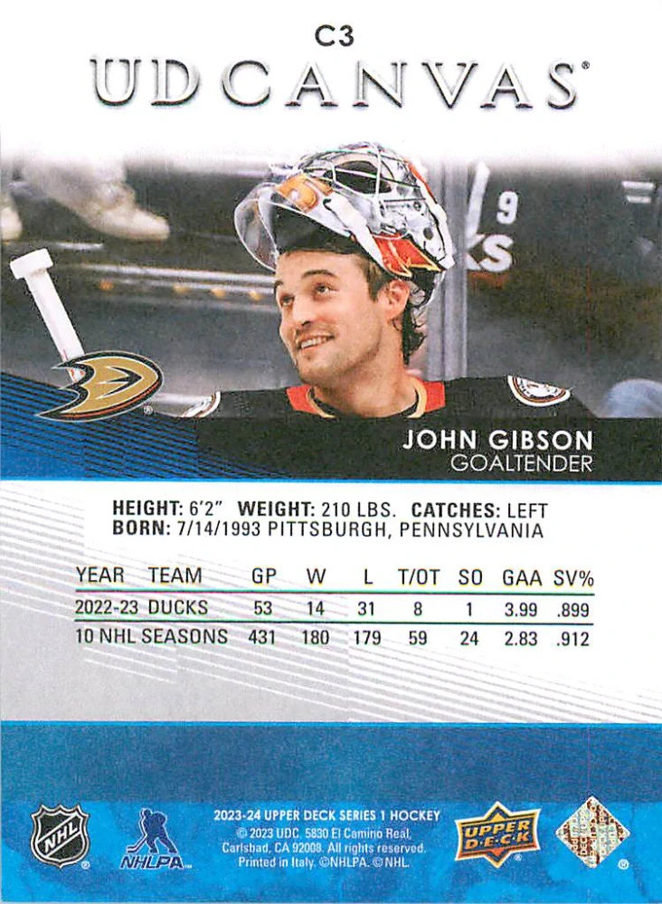 2023-24 UD Series 1 - John Gibson - Canvas #C3