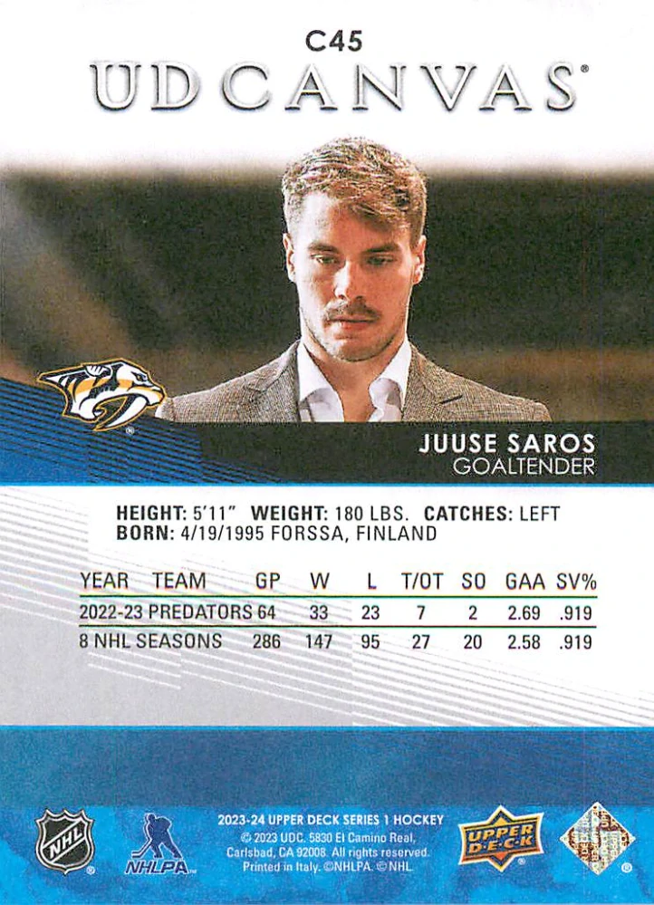 2023-24 UD Series 1 - Juuse Saros - Canvas #C45