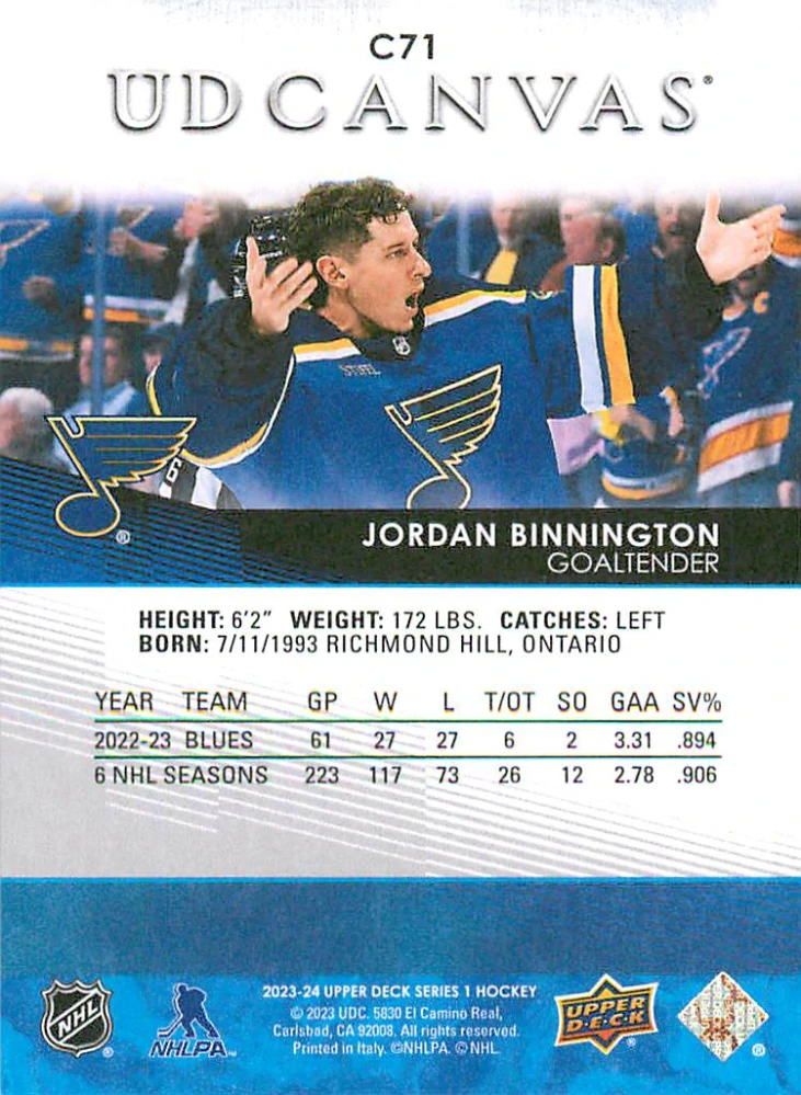 2023-24 UD Series 1 - Jordan Binnington - Canvas #C71