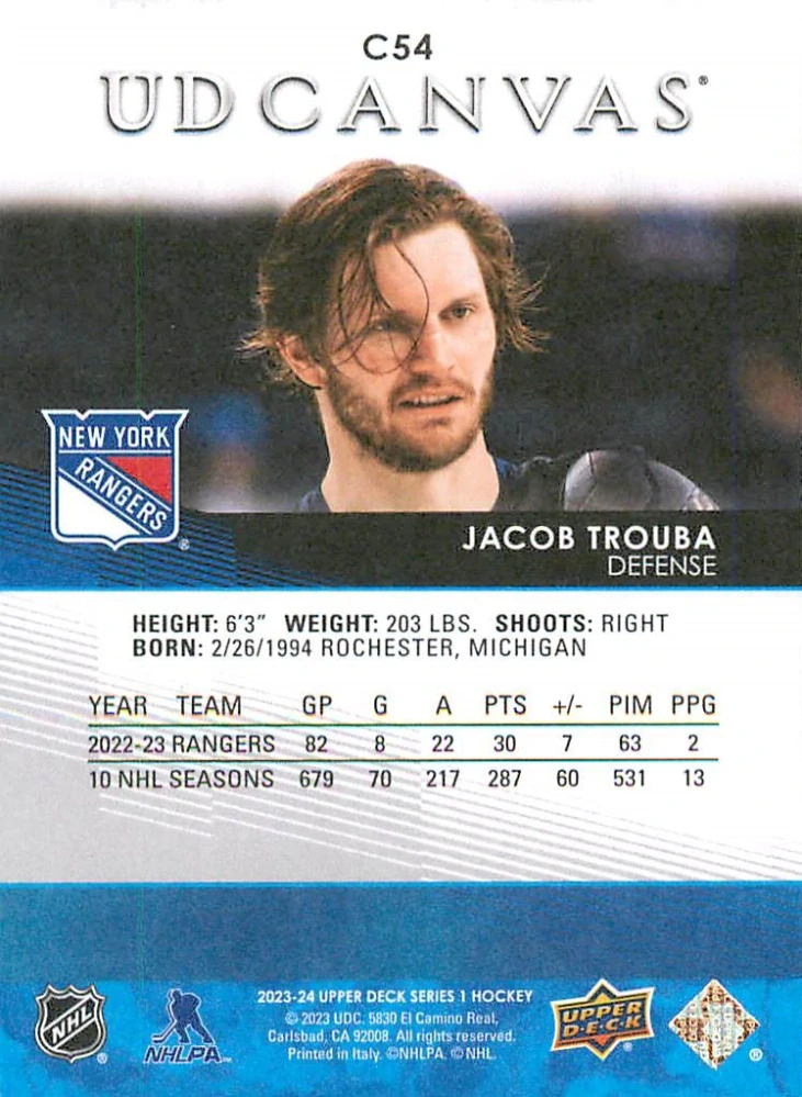 2023-24 UD Series 1 - Jacob Trouba - Canvas #C54