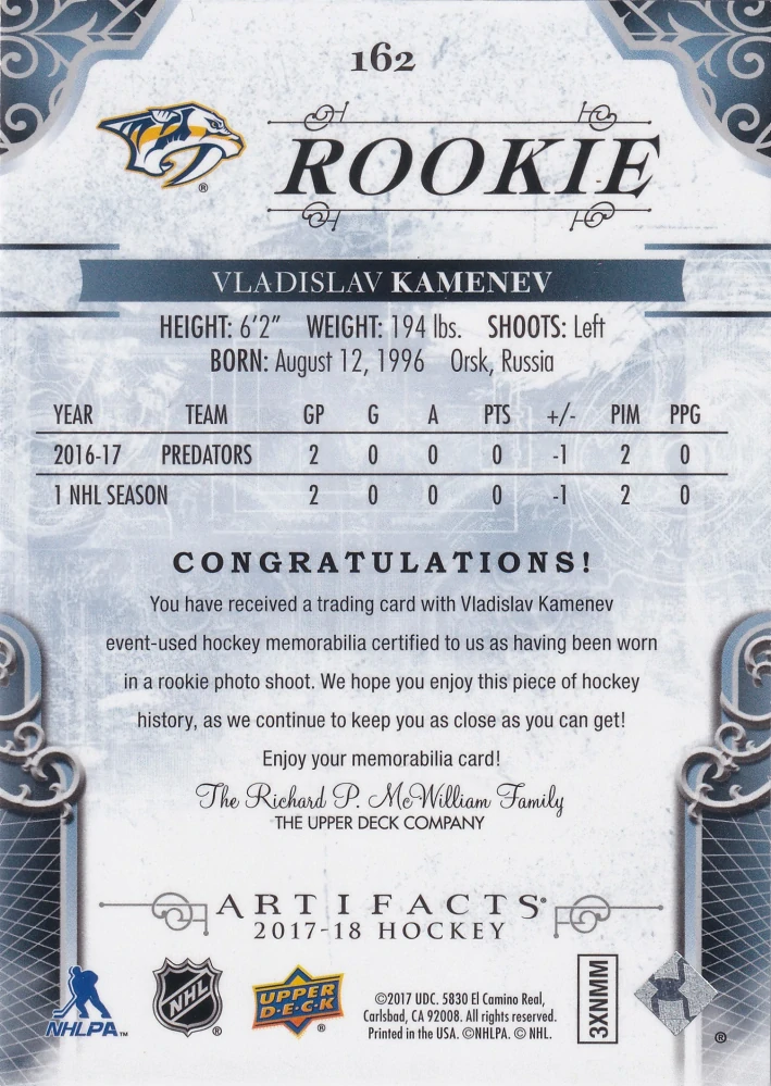 2017-18 UD Artifacts - Vladislav Kamenev - Rookie Material Silver /499 #162